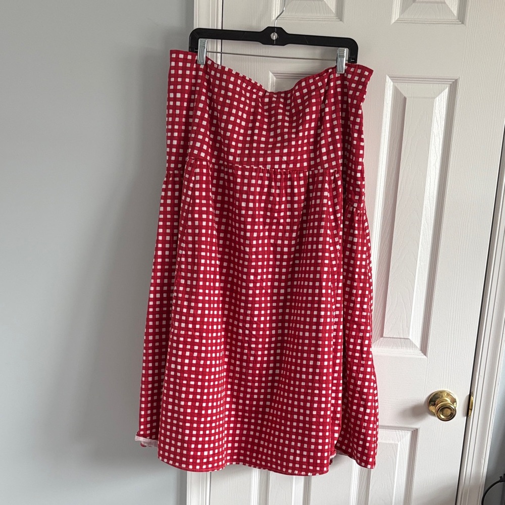 Anthropologie Hutch Drop Waist Red and White Gingham Plaid Midi Skirt 2X Flawed